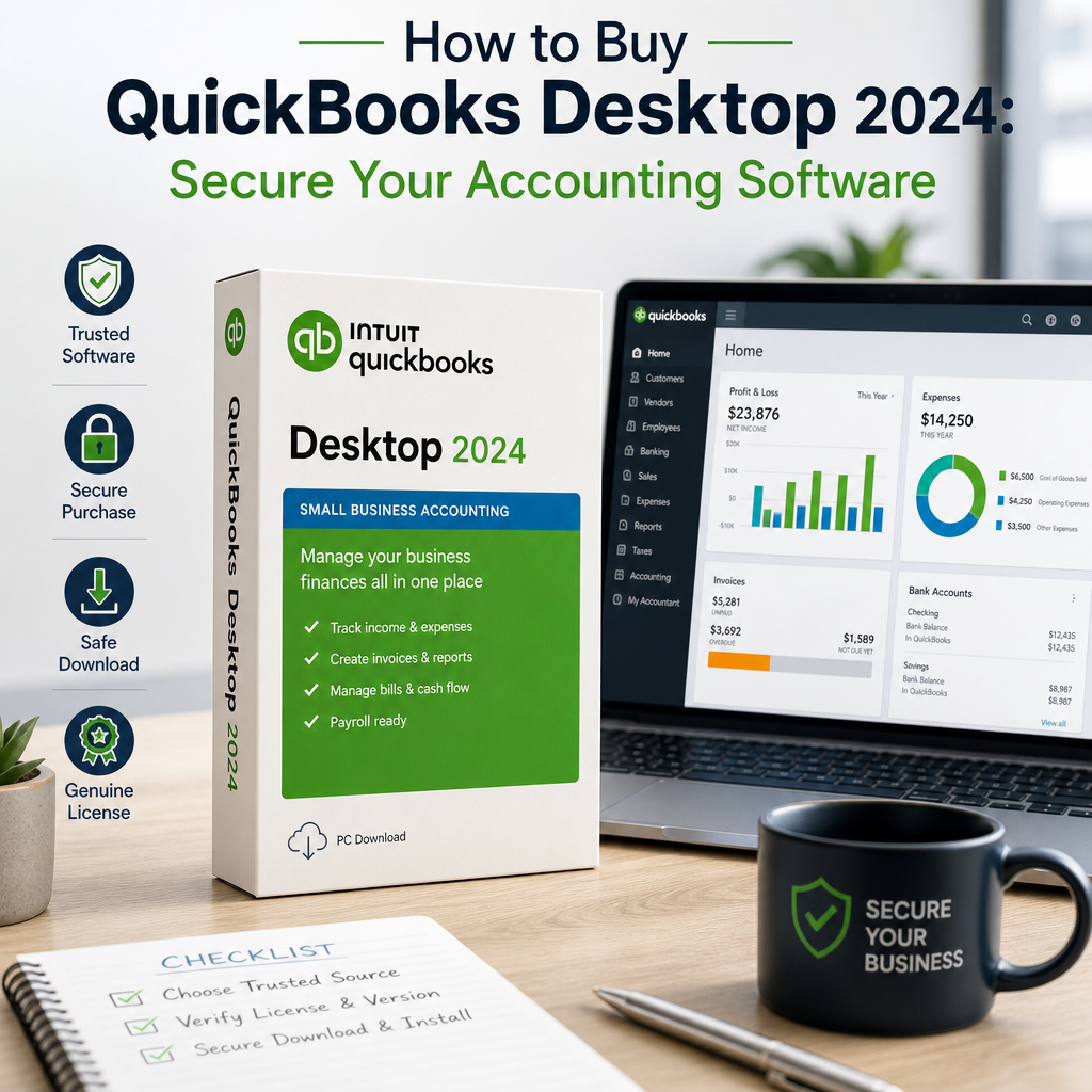 QuickBooks Desktop 2024 software box beside a laptop showing an accounting dashboard for secure business finance management.