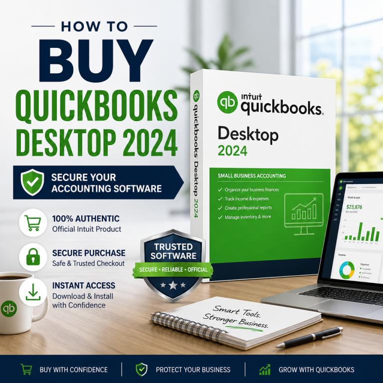 A person uses a laptop displaying QuickBooks Desktop 2024 with business charts and a purchase button visible.
