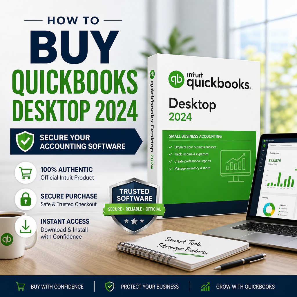 A person uses a laptop displaying QuickBooks Desktop 2024 with business charts and a purchase button visible.