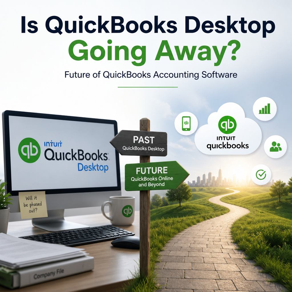 A laptop showing QuickBooks Desktop transitioning to QuickBooks Online, representing the software’s changing future.