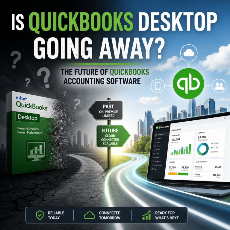 Illustration of QuickBooks Desktop software transitioning to cloud accounting, showing computers linked to a cloud icon.