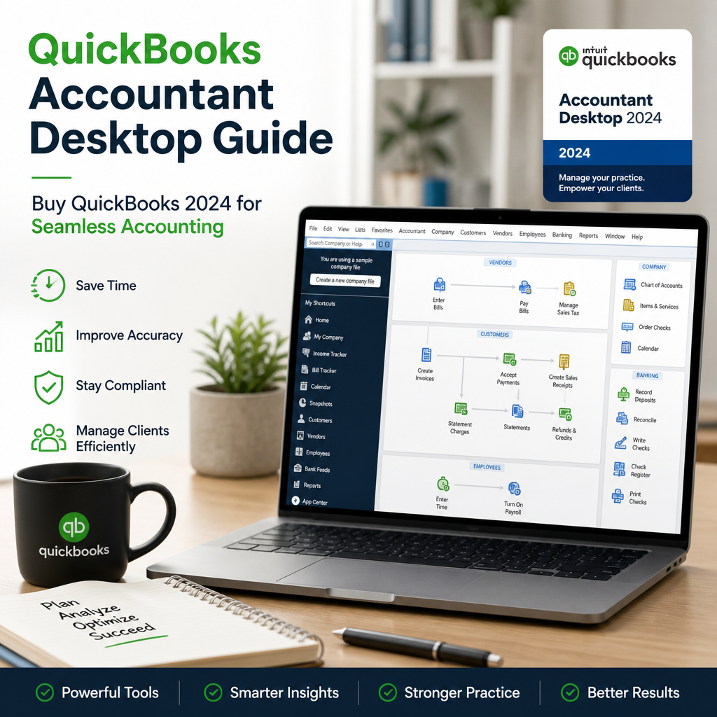 A computer screen displays QuickBooks Accountant Desktop 2024 guide promoting seamless accounting and advanced bookkeeping fe