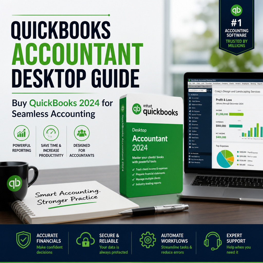A computer screen displays QuickBooks Accountant Desktop 2024 guide with icons for accounting, reporting, and customer suppor