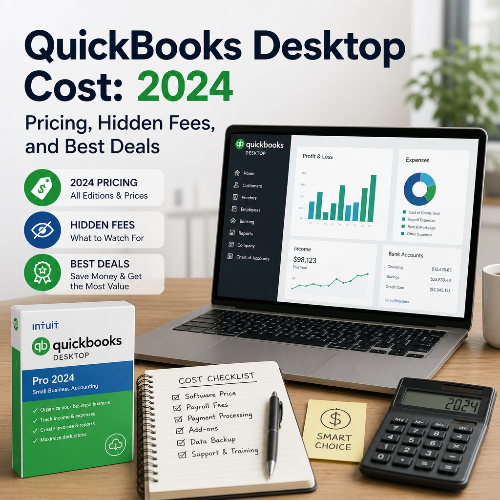 QuickBooks Desktop 2024 pricing guide with checklist of costs, hidden fees, and software features on a digital screen.