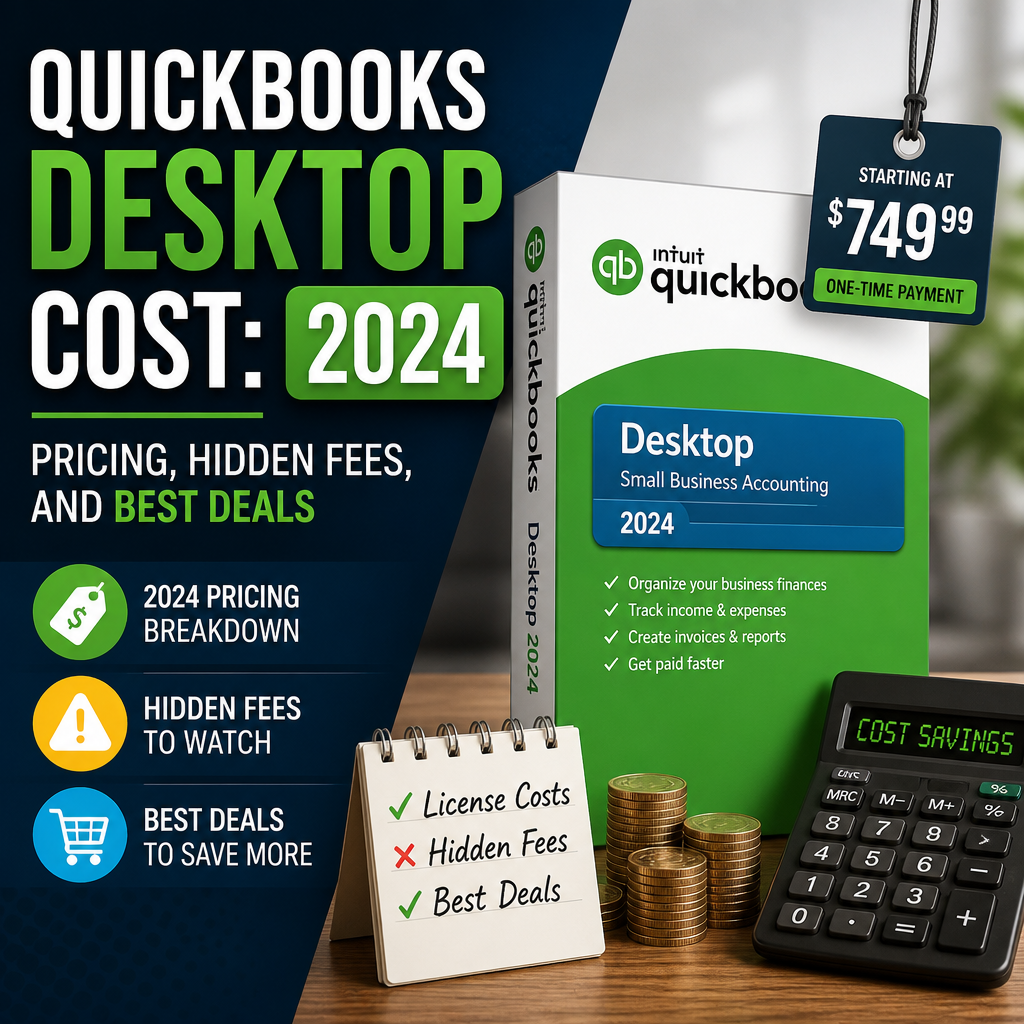 Laptop screen showing QuickBooks Desktop 2024 pricing table with highlighted costs and special deal banners.