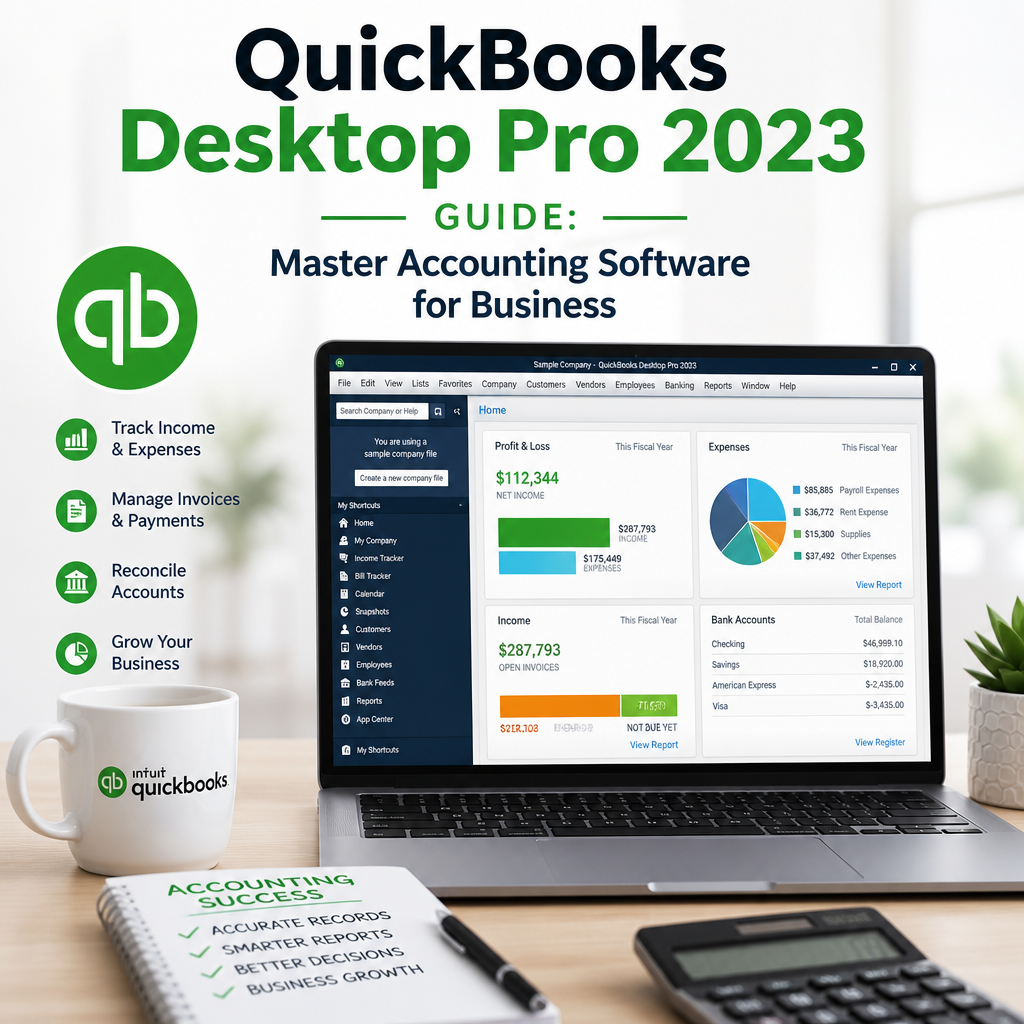 A computer screen displaying QuickBooks Desktop Pro 2023 accounting dashboard with financial charts and reports.