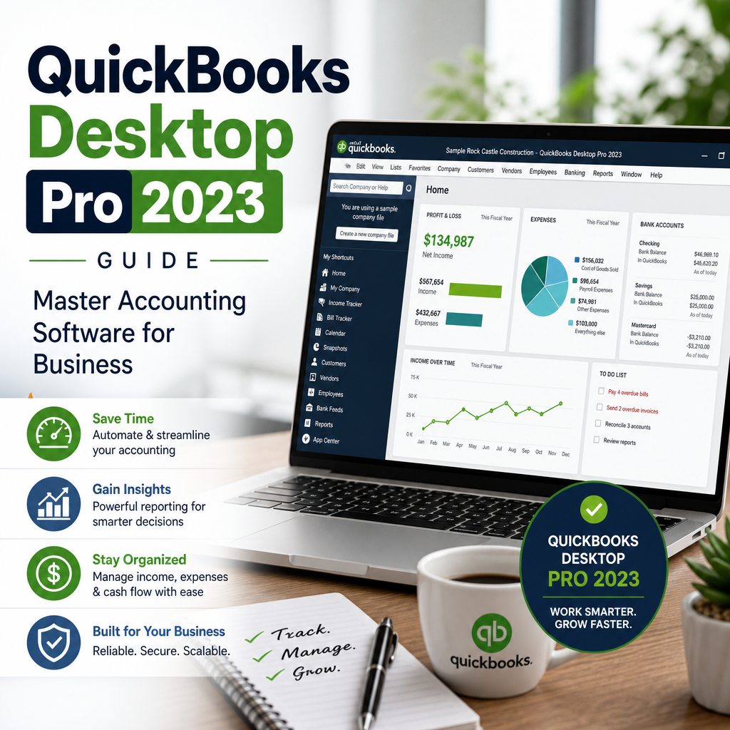 A QuickBooks Desktop Pro 2023 guide cover with business charts and accounting icons, promoting efficient financial management