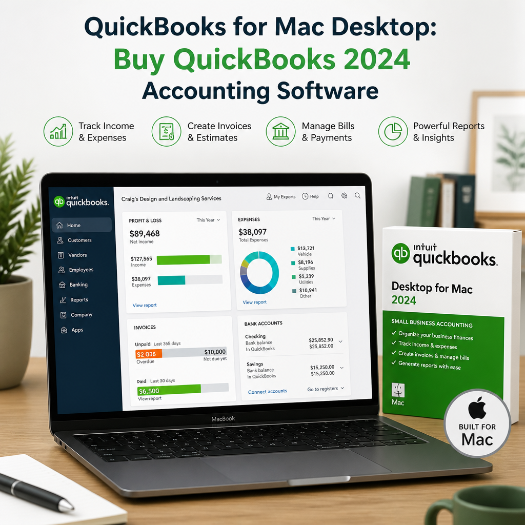 QuickBooks for Mac Desktop 2024 box with icons for income, invoicing, bill management, and financial reports.