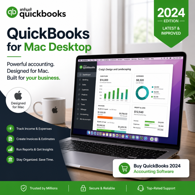 A Mac computer screen displays QuickBooks for Mac Desktop 2024 accounting software dashboard.