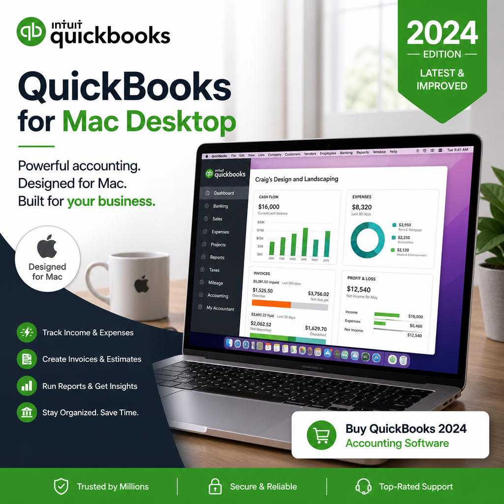 A Mac computer screen displays QuickBooks for Mac Desktop 2024 accounting software dashboard.