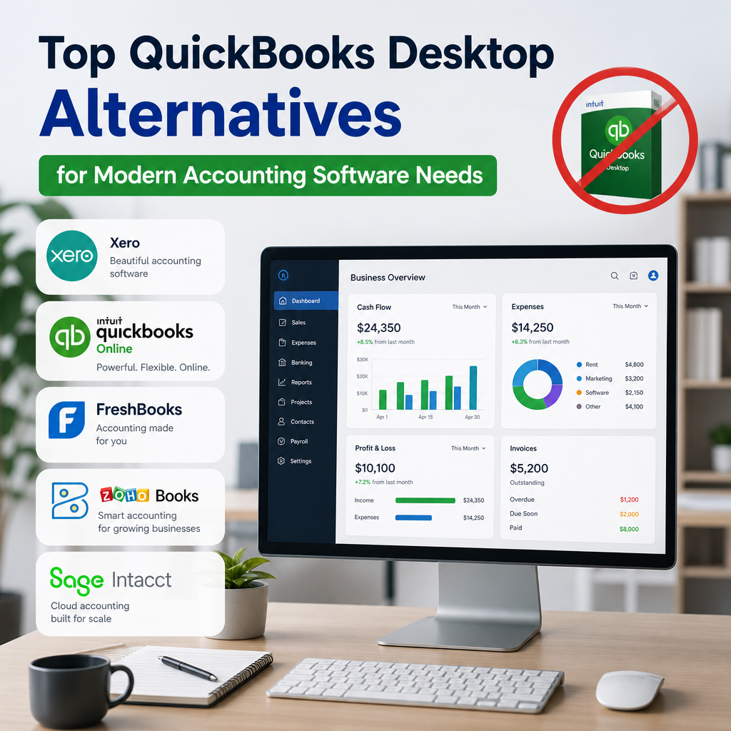 Icons for Xero, FreshBooks, and Sage Intacct beside a chart, representing QuickBooks Desktop alternatives for modern accounti