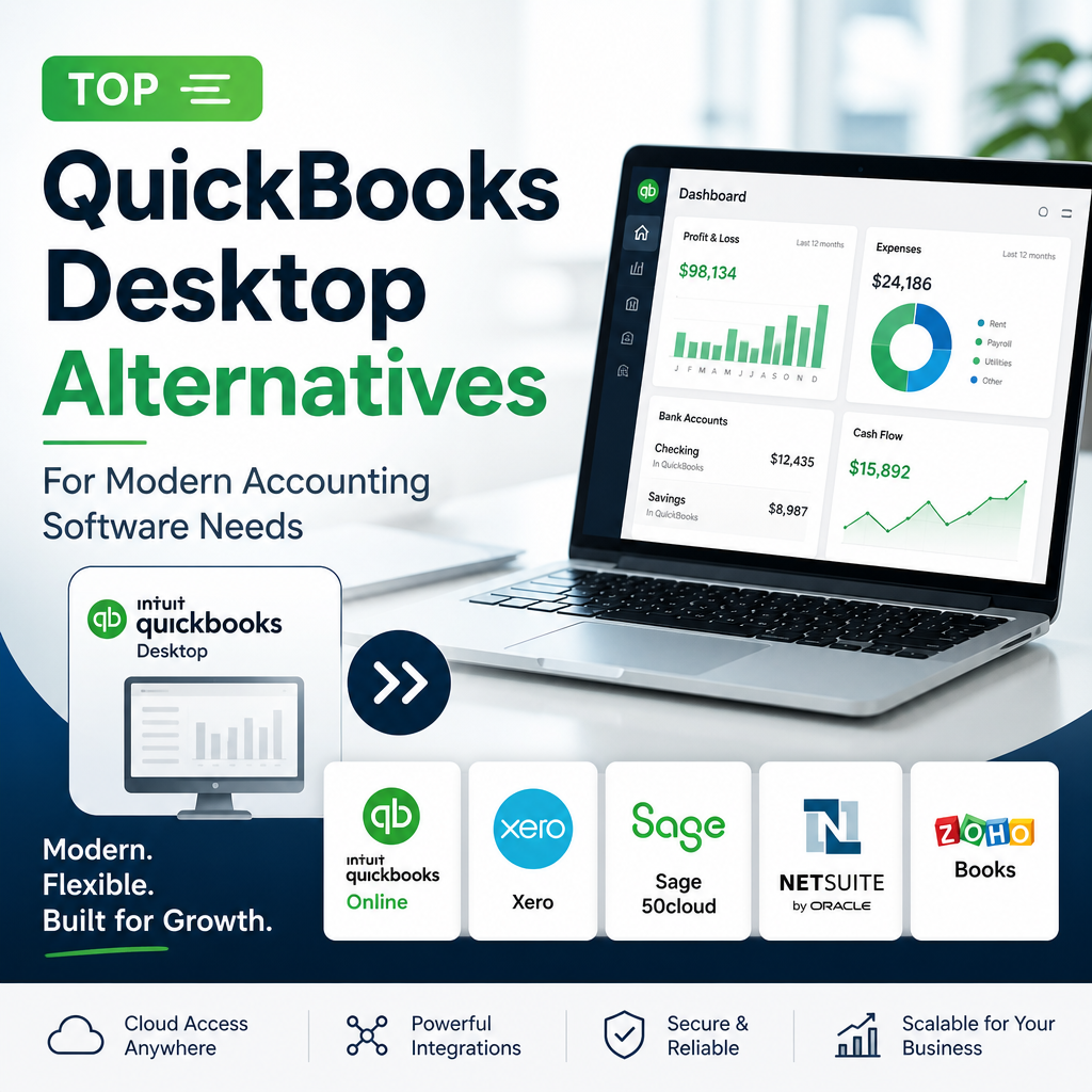 Illustration of cloud-based accounting software icons representing top QuickBooks Desktop alternatives and modern business so